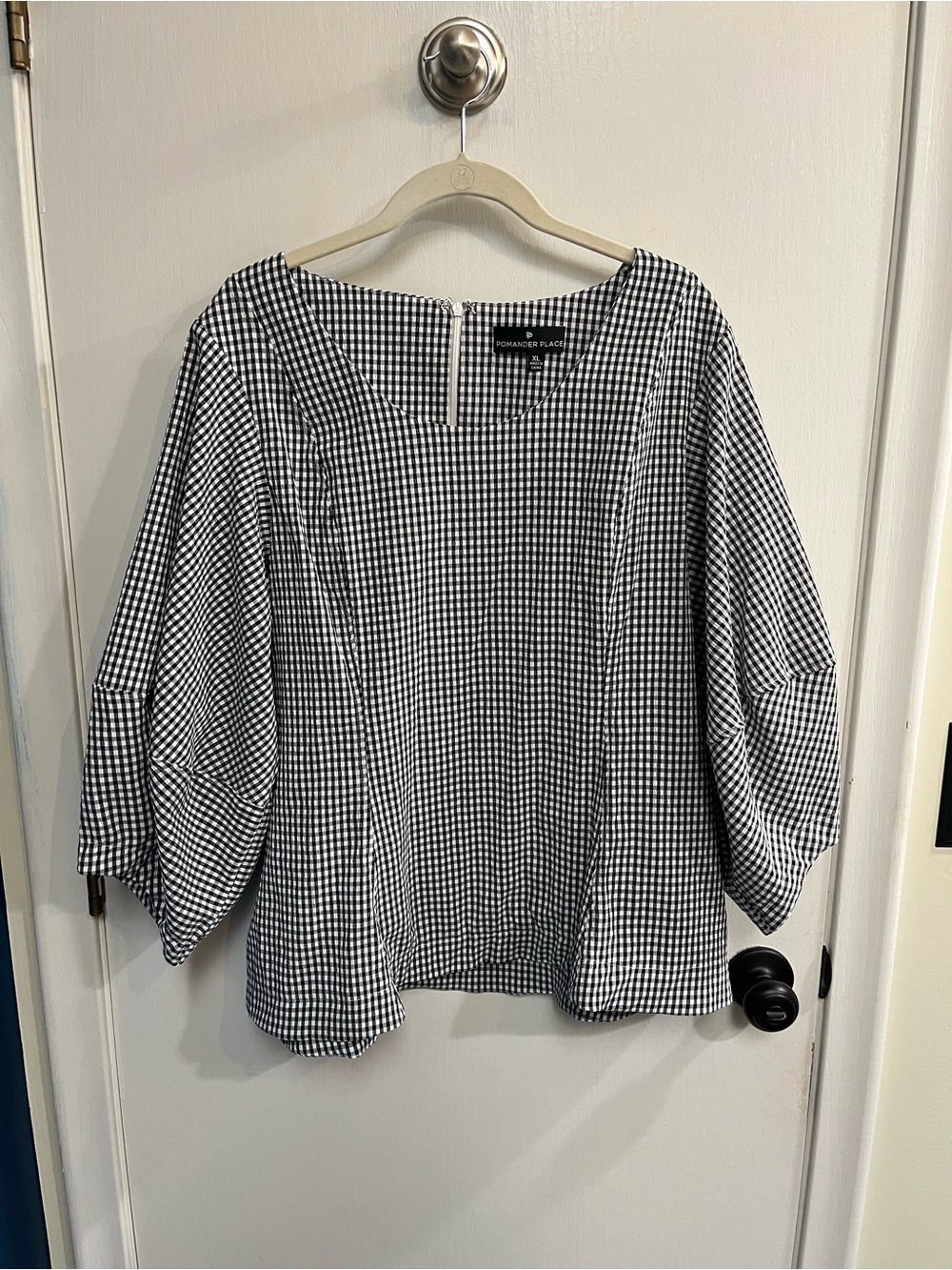 Pomander Place Black and White Gingham Balloon Sleeve Blouse